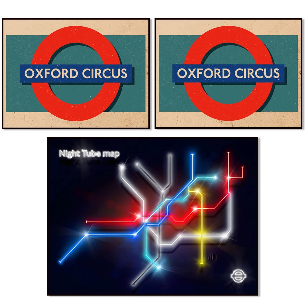 Neon renderings of London, Piccadilly Circus, Camden Town, Baker Street, Oxford Circus, subway decoration poster at night