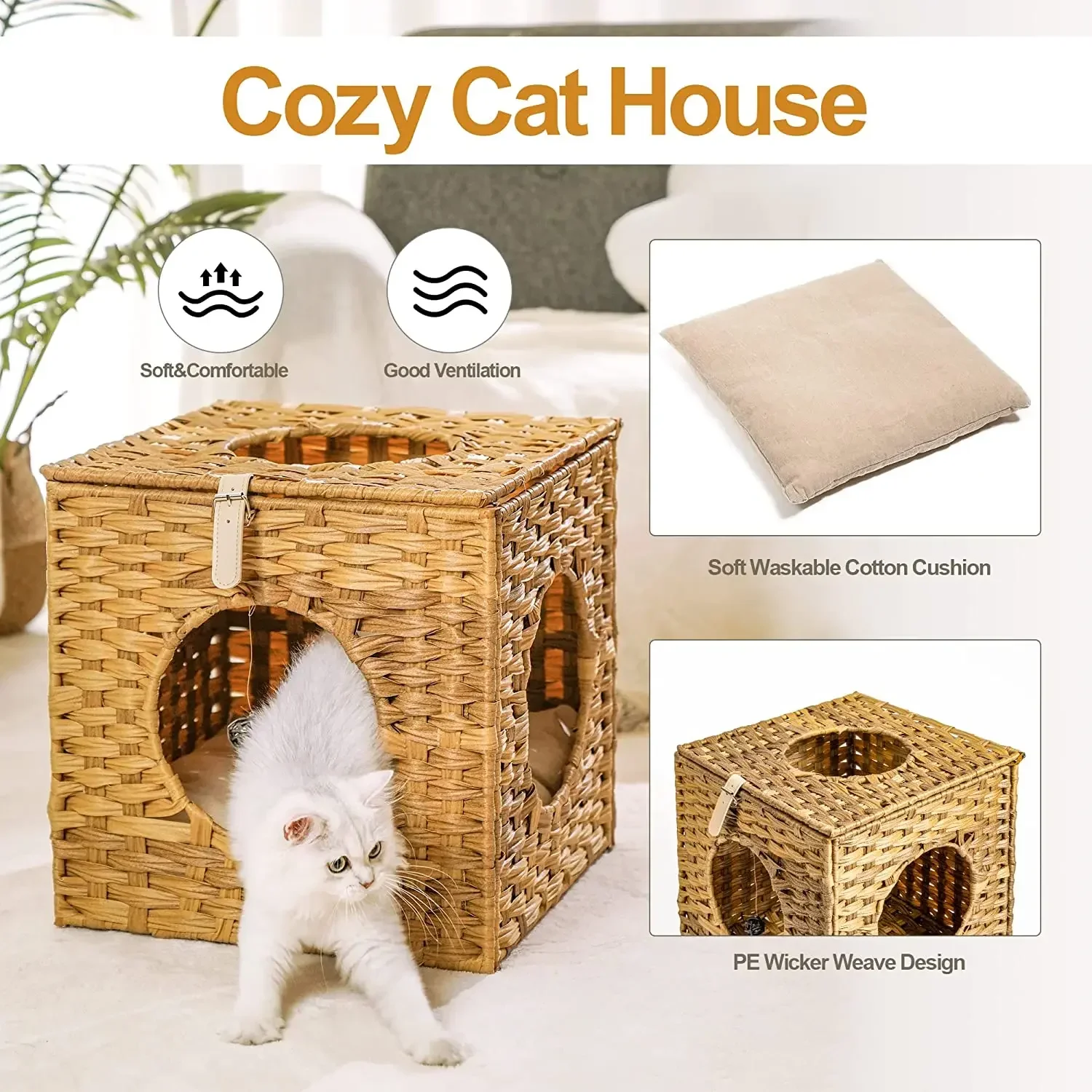 

-For Mewoofun Cat House For Indoor Cats With Hand-Woven Wicker Beds Cozy Cave Cat Hideaways ,15.75x15.75x15.75 Inches US Shippin