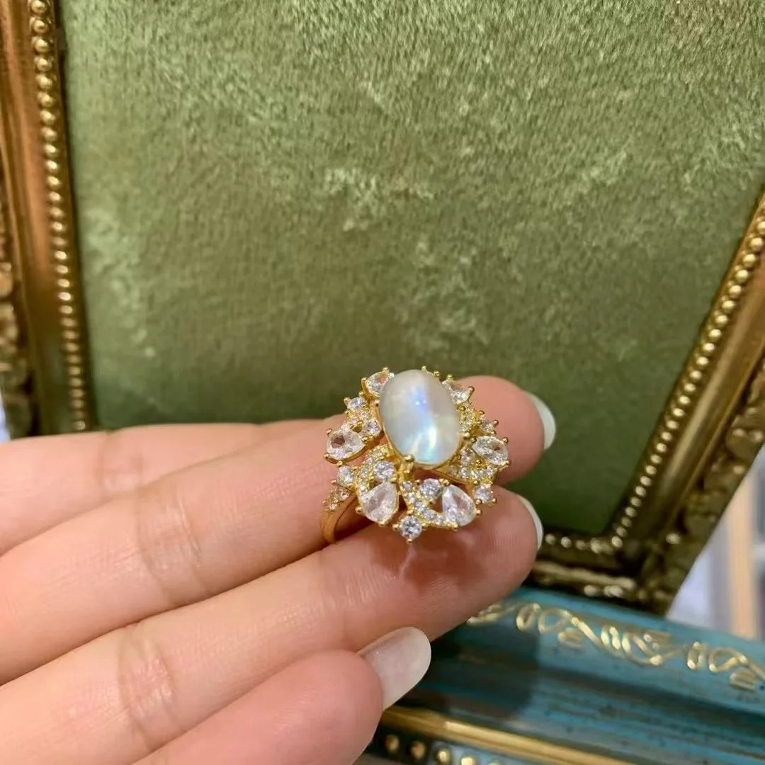 

KJJEAXCMY High End Women's Ring Natural Moon stone S925 Silver with Electroplating Boasting High Clarity Full Brilliance