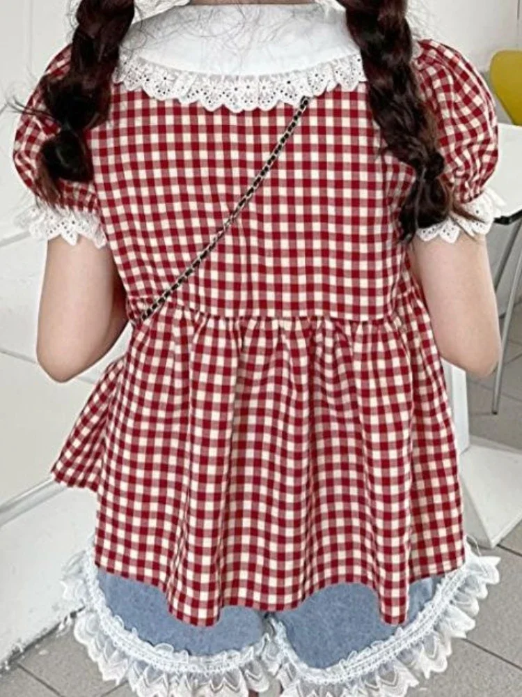 Rot Karierte Bluse Frauen Kawaii Peter Pan Kragen Spitze Rüschen Hemd Japanische Mädchen Nette Puff Sleeve Vintage Tops Blusas
