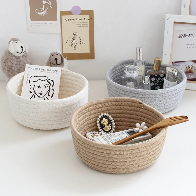 circularWoven cotton rope storage basket desktop storage for children's toys, cosmetics, snacks, miscellaneous items storage box