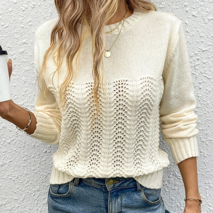 2025 Autumn Winter Solid Color Minimalist High-End Casual Knitted Sweater Round Neck Long Sleeves Hollowed Out Women's Sweater