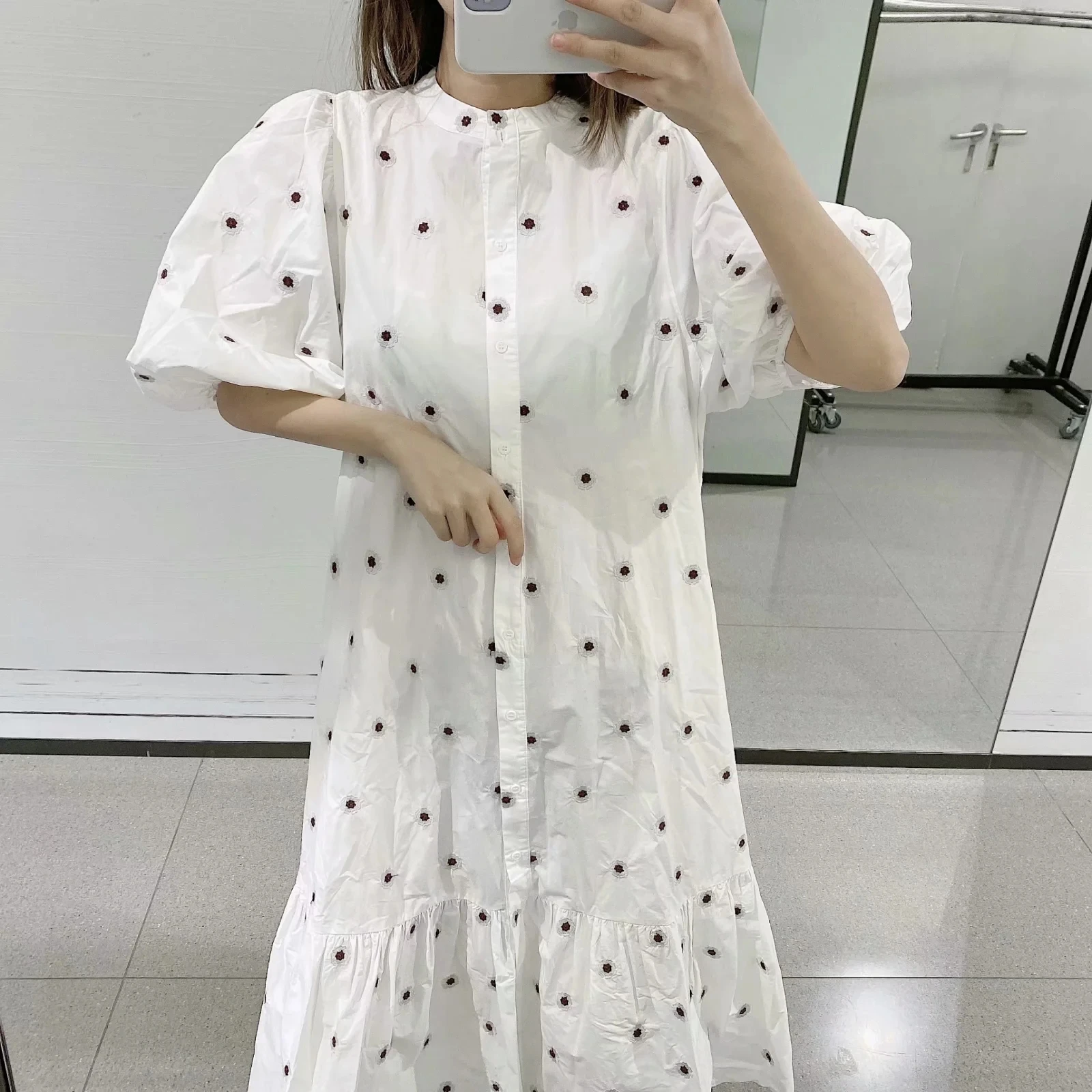 2024 Summer Dress Women Long Maxi Vintage Puff Sleeve Floral Embroidery Blue Loose Dress O-Neck Casual Female Clothing Korean