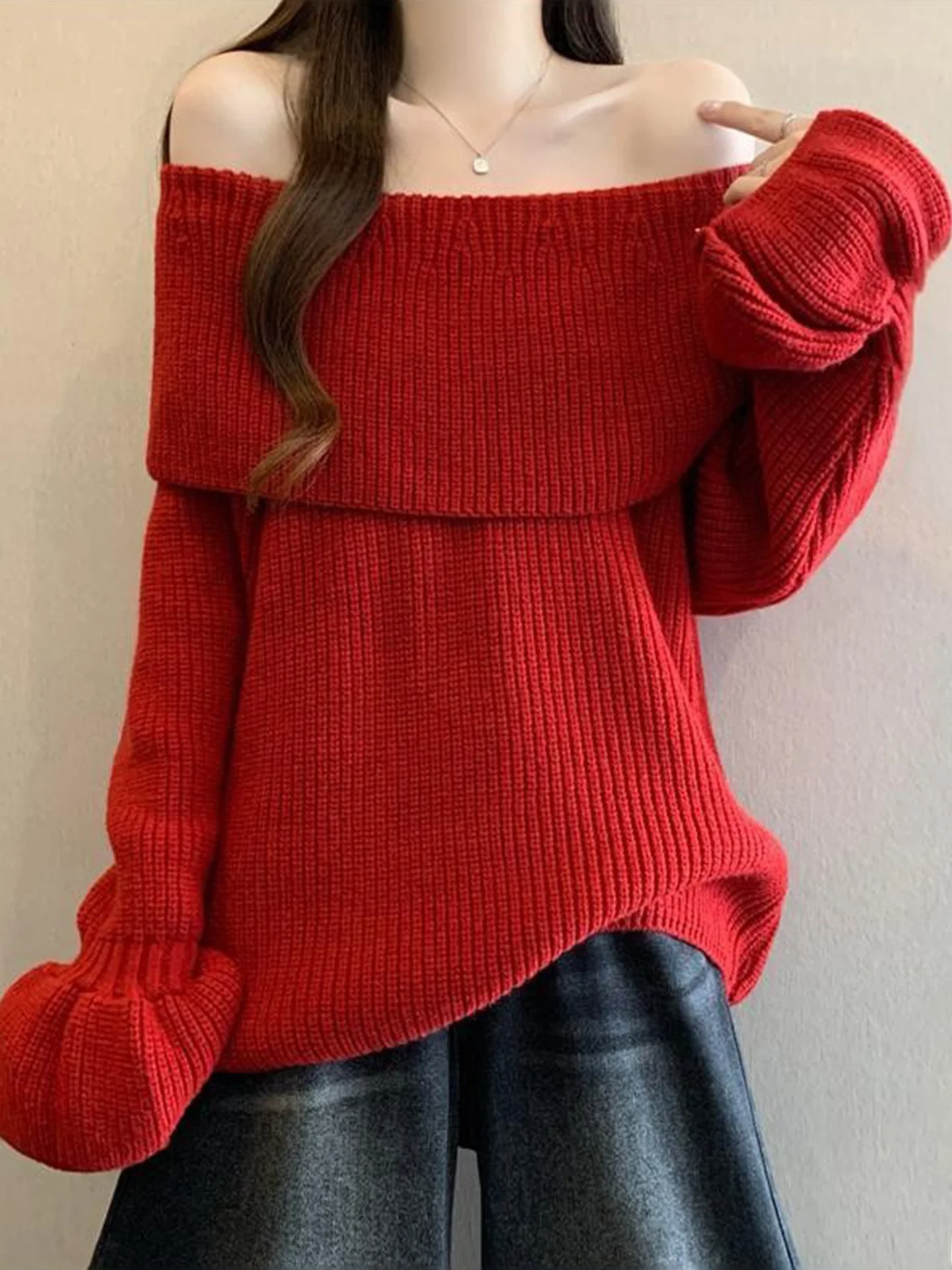 

Красный вязаный свитер на одно плечо с рукавом-колокол для женщин, осенне-зимний, больших размеров, в стиле кэжуал, премиум-класса, для повседневной носки, свободного кроя