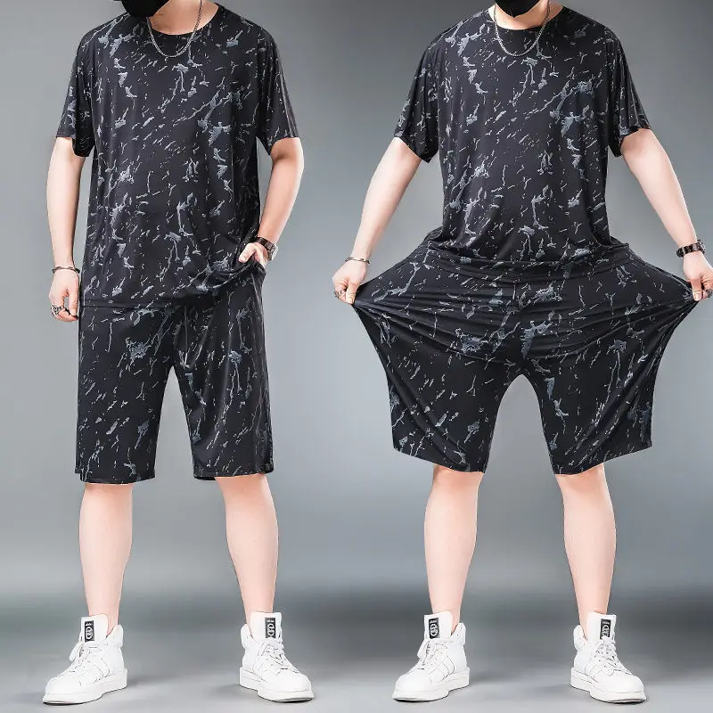 Men's Summer Ice Silk Set,Print T-Shirt Shorts Large Size Loose Fit Casual Sportswear,Round Neck Feel Short Sleeve Outfit