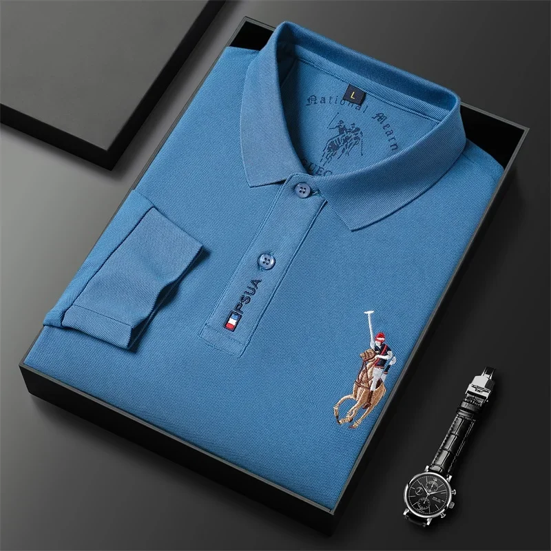 New Men\'s Casual Embroidery Long Sleeve Polo Shirt Fashion Solid Color Top