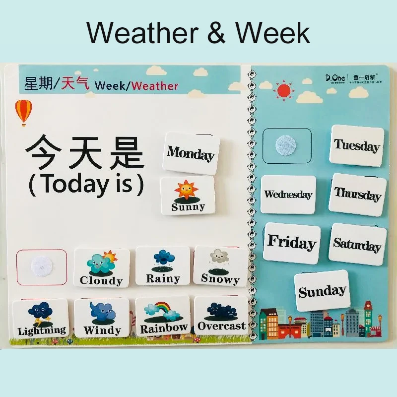 

28*20cm kids English week & weather quite book big card Montessori Toys for Toddlers Boys & Girls Sticker Baby Toy busy book