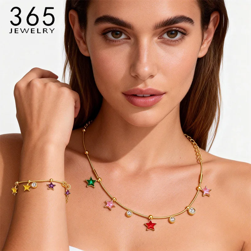 365 Fashion Colorful Star Zircon Stainless Steel Necklace Bracelet for Women Trendy Casual Brithday Party Beach Jewelry Set Gift
