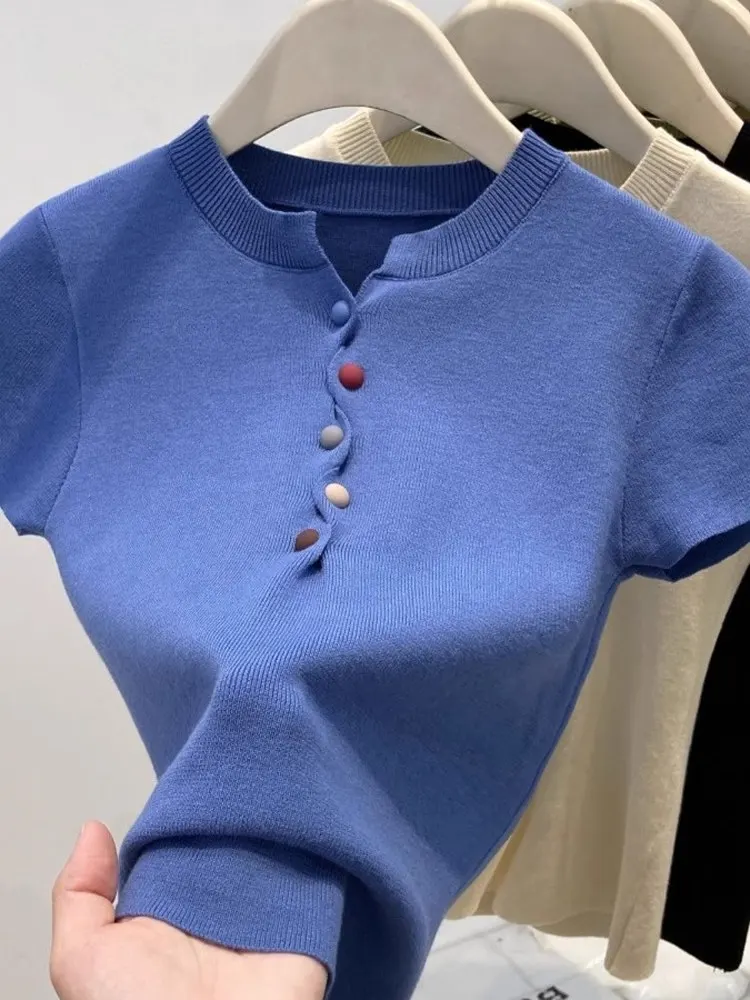 

Klein Blue ort Sve Knitted irt Women's Premium Guangzhou Thirteenth European Goods 2025 Summer Loose Fit round Ne