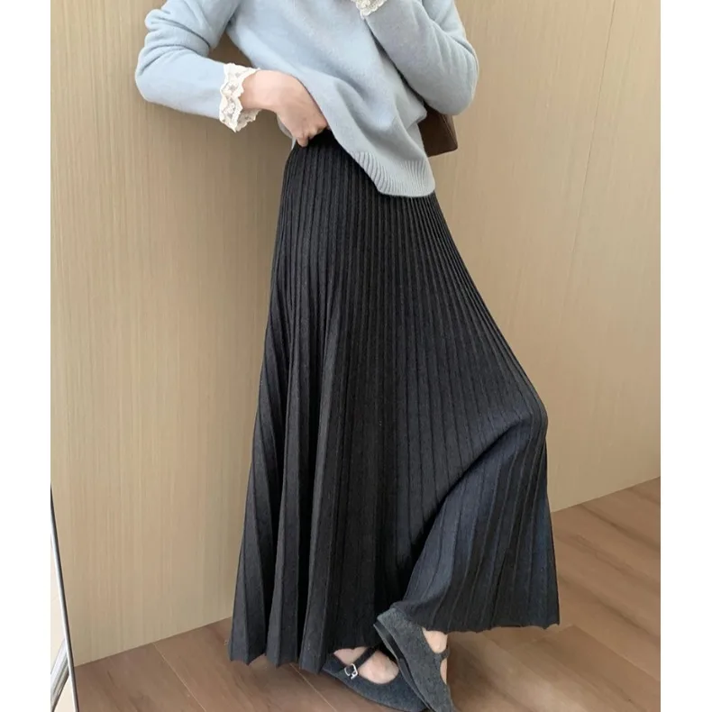 شتاء جديد ارتفاع الخصر Thiened Camere f تنورة عادية Sle المرأة تخفيف ودية مطوي تنورة طويلة Ele التخسيس