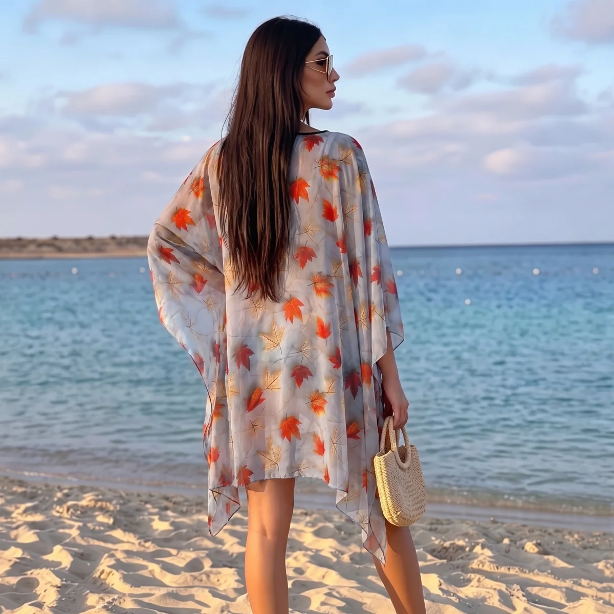 Cruise Vacation Floral Printed Modest Robe Islamic Women Breathable Thin Chiffon Sun Protection Beach Kaftan Abaya