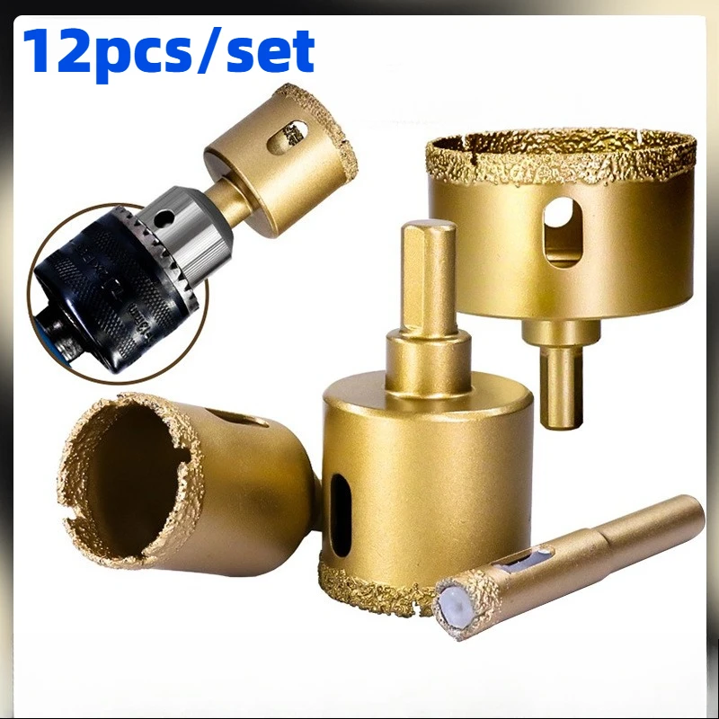 12pcs Brazed Marble Hole Opener Glass Tile Drill Bit Multi-purpose Punched Stone Vitrified Brick Emery Hole Reamer