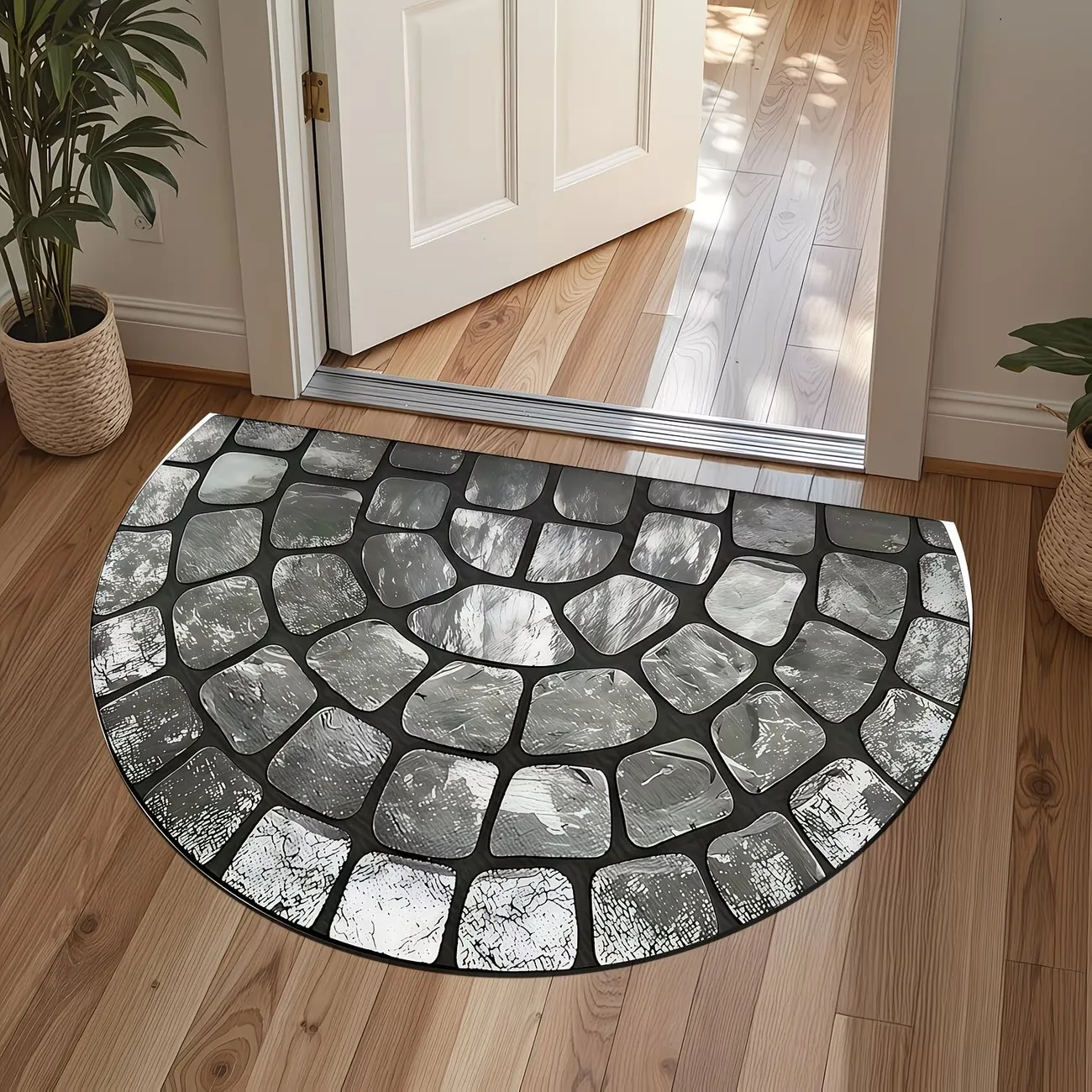 Retro Stone Pattern Semicircle Welcome Door Mat Vintage Grey Cobblestone Entrance Rug Anti-Slip Floor Carpet for Home  Decor