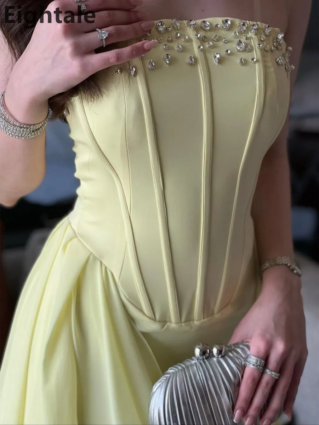 Eightale 2025 vestido de noche largo sin tirantes con cuentas de gasa amarilla vestido de fiesta de graduación árabe saudí vestidos formales personalizados