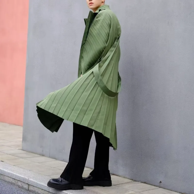 

Japan Pleated Men's Trench Coat Miyake Fall Winter New Loose Drape Casual British Style Medium-length Coat Jacket Wrinkle-Free