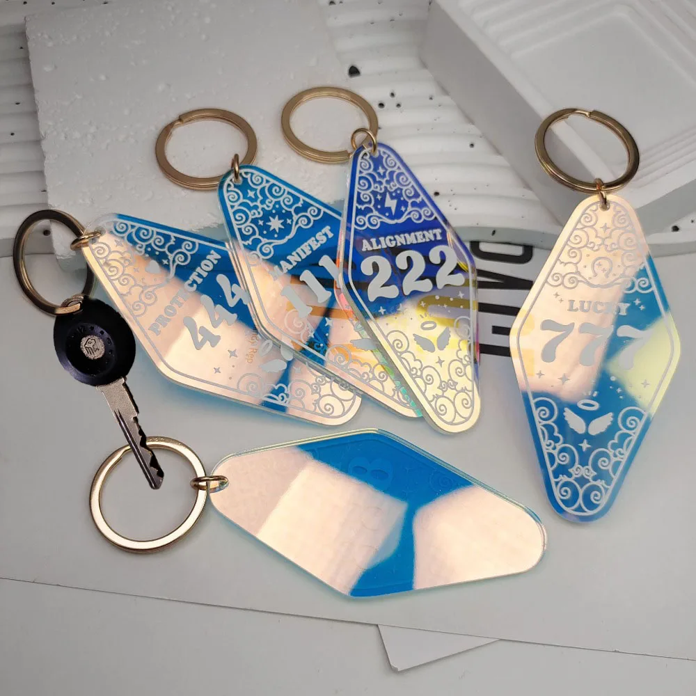 European and American Acrylic Fantasy Discolour Rhombus Cool Blue Car Keychain Accessories Korean Bag Pendant Key Ring Unisex