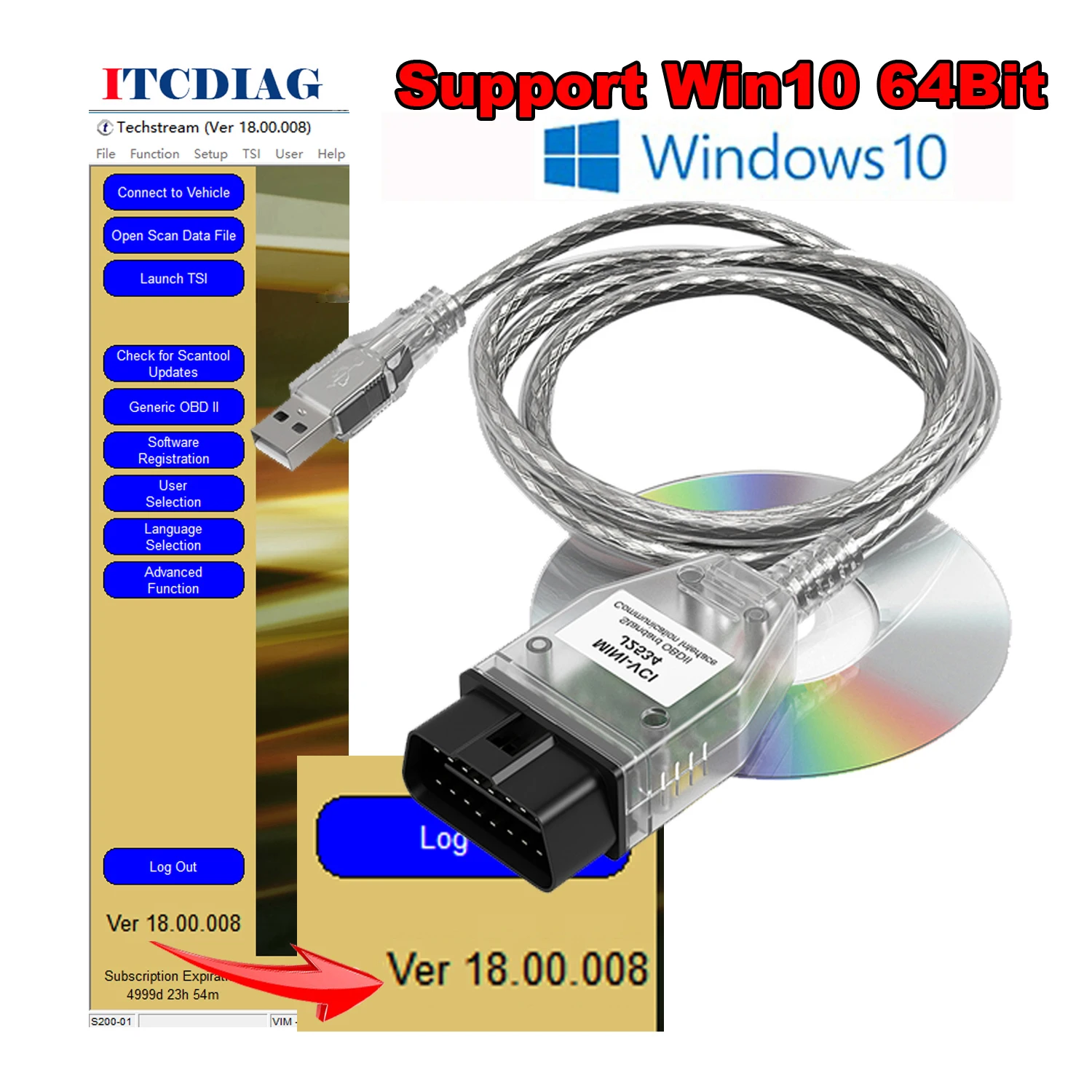 MINI VCI for TOYOTA TIS Techstream Software V18.00.008 Single Cable Support Toyota FT232RL Chip J2534 OBD2 Diagnostic Tool