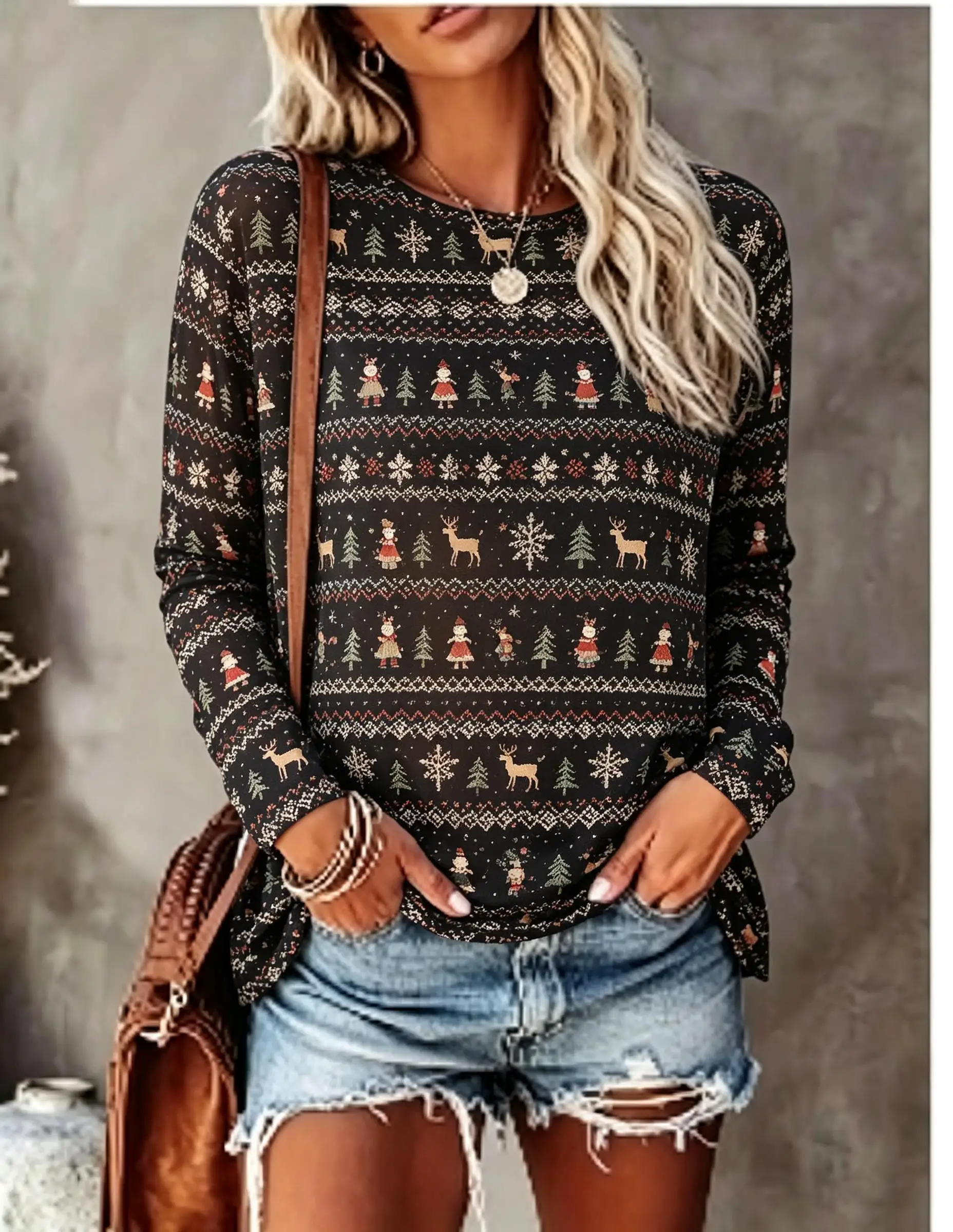 Women Christmas Long Sleeve T‑Shirt Ugly Sweater Style Reindeer Tree Snowflake Print Crew Neck Tops - view 3