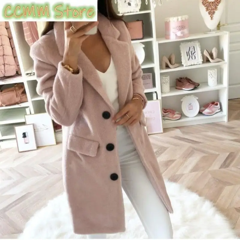 

Осеннее женское однотонное пальто с воротником средней длины, модное двубортное шерстяное пальто, элегантное женское пальто
