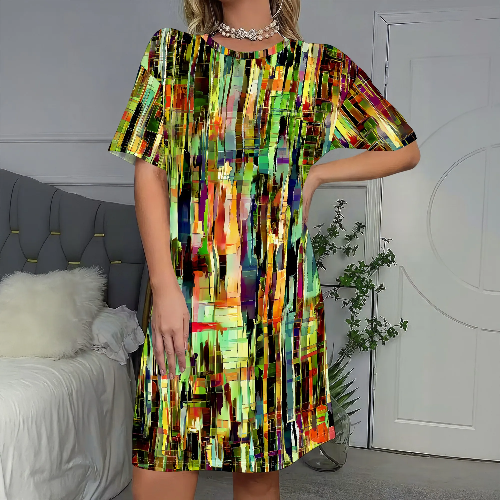 

Abstract Art Print, Short Sleeve Dress, Vibrant Green, Colorful Pattern, Casual Summer Wear, Women's Fashion, S-2XL
