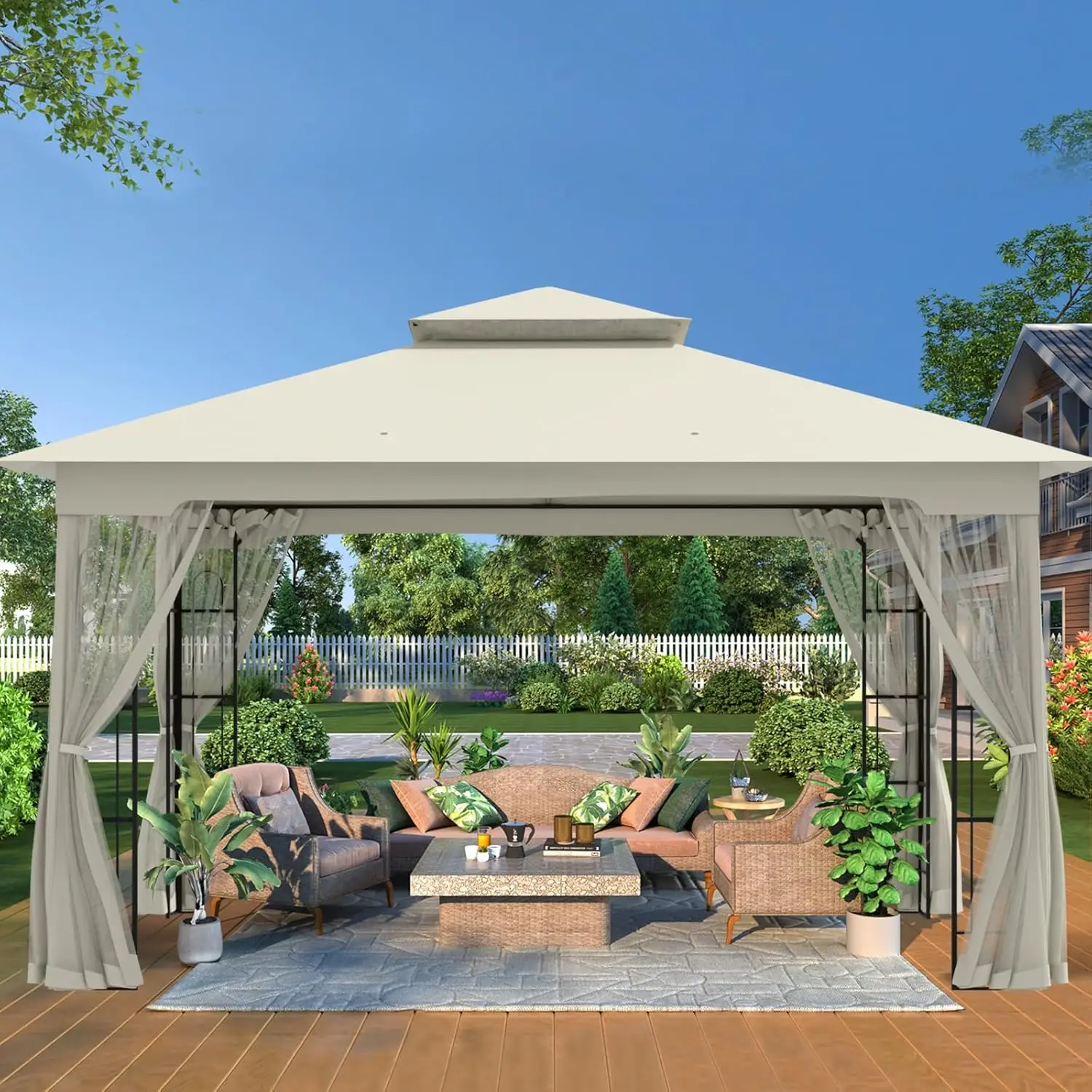 

10x12 Outdoor Gazebo Tent with Netting Double Roof Patio Gazebo with Soft Fabric Top Outdoor Pavilion for Backyard Patio Garden