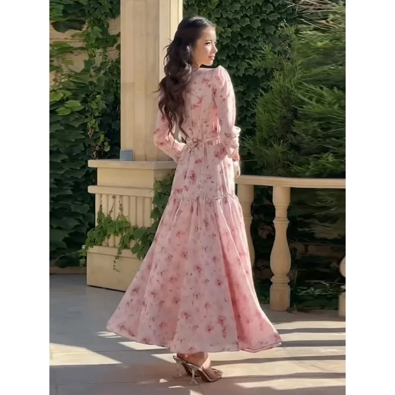 꽃 프린트 쉬폰 여성 드레스 3/4 오-넥 로맨틱 프렌치 비치 롱 드레스 여름 휴가 레이디 비치웨어