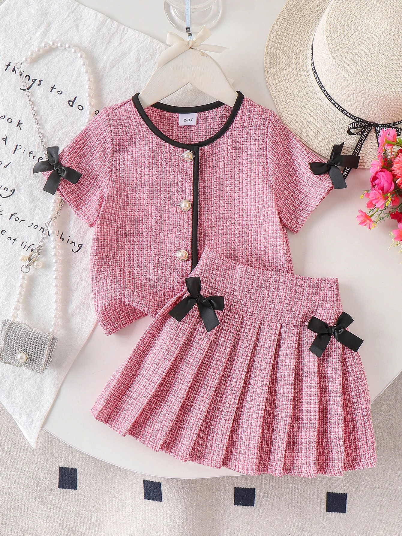 Summer Cross-Border New Girl Sweet and Comfortable 2-7 Years Old Pink Short-Sleeved Top + Short Skirt Set