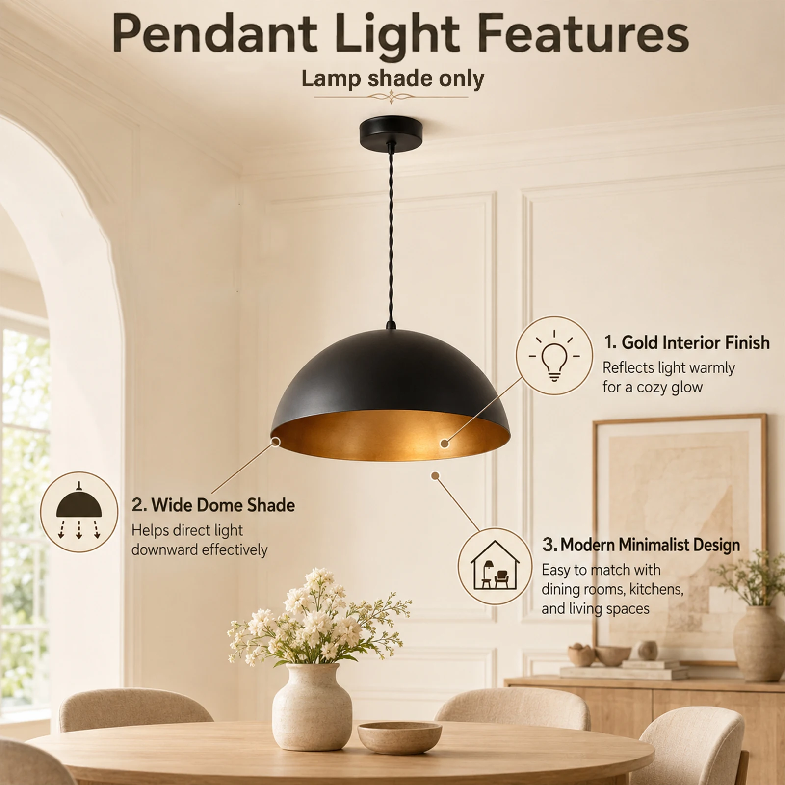 Vintage Chandelier Shade, Black Outside Gold Inside Dome for Pendant Light E27 Decor