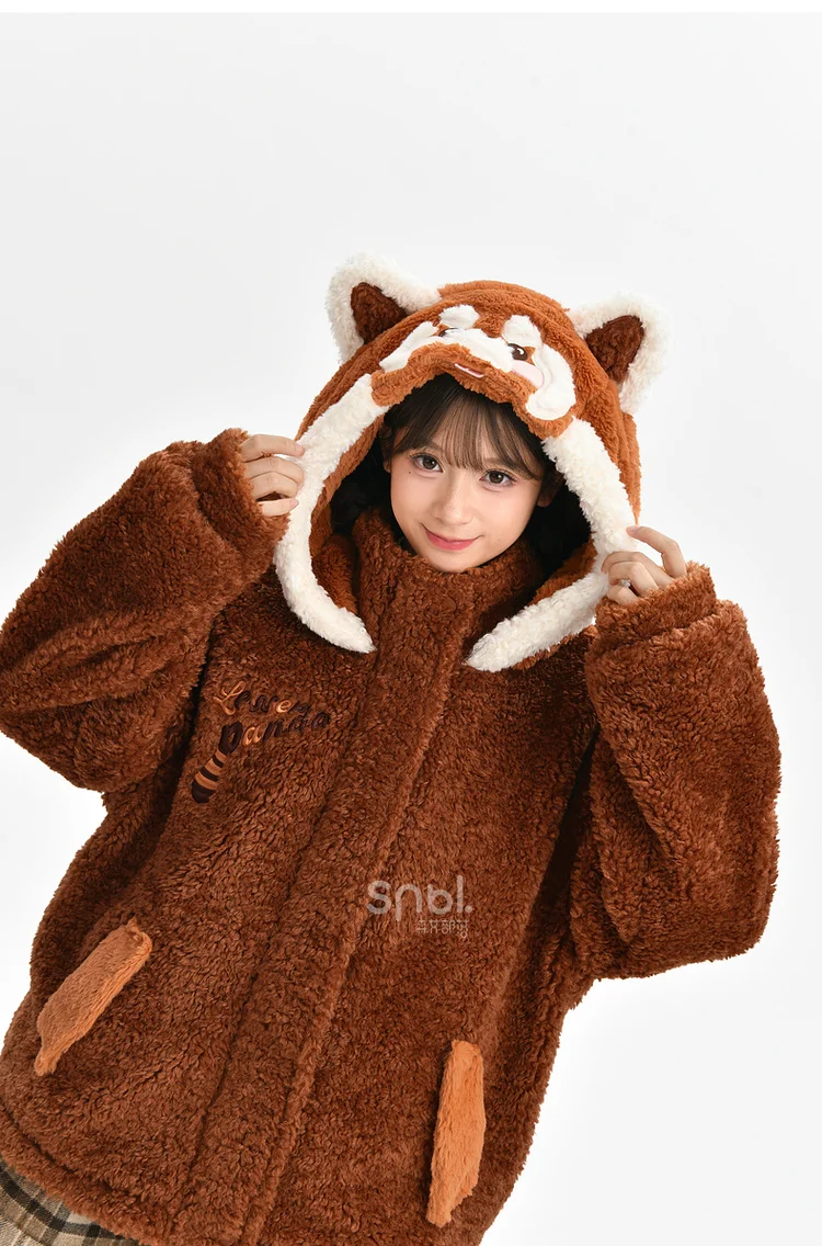2025 Autumn Winter New Cute Style Brown Little Panda Letter Print Loose Zipper Soft and Comfortable Hooded Sweatshirt