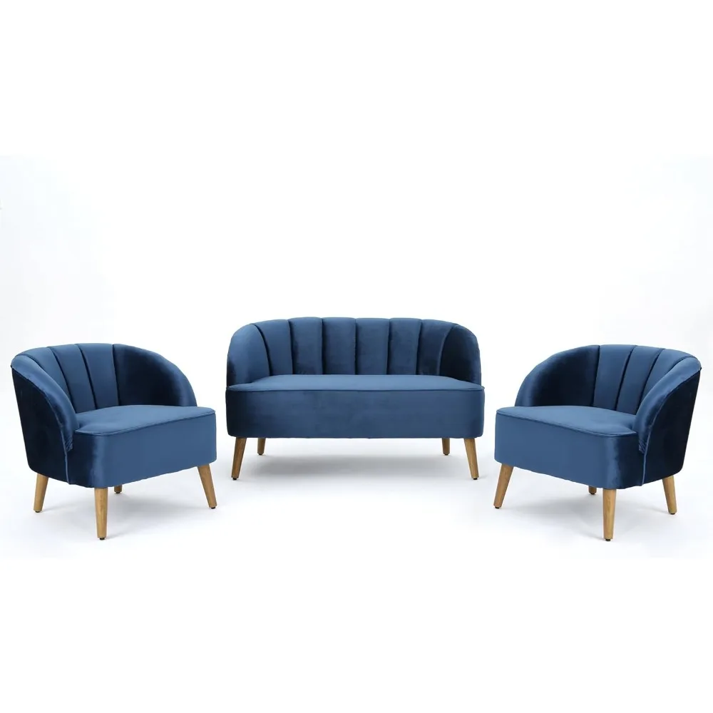 Living room set, 3-piece modern velvet sofa chat set, navy blue sofa living room set