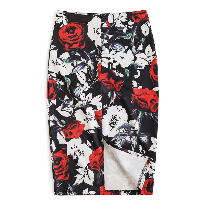 Gonna longuette estiva oversize per le donne Lavoro Stampa rosa Elastico in vita Gonne da ufficio vintage all'anca sexy con gonne divise Para Mujeres