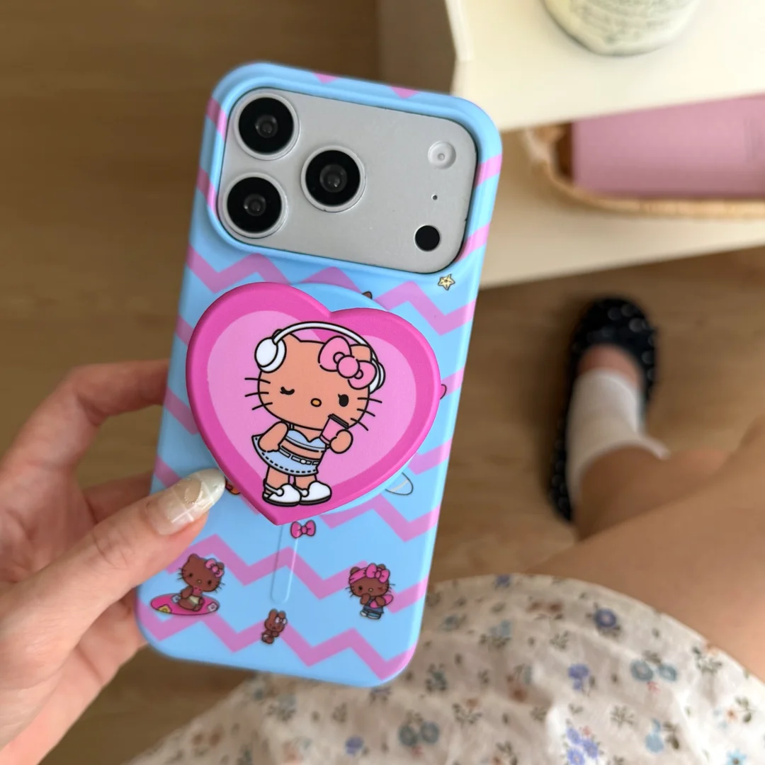Luxury Ripple Pattern Black Hello Kitty Magnetic Stand Case For iphone 17 16 15 Pro Max Wireless Charge Cute Cartoon Phone Cover