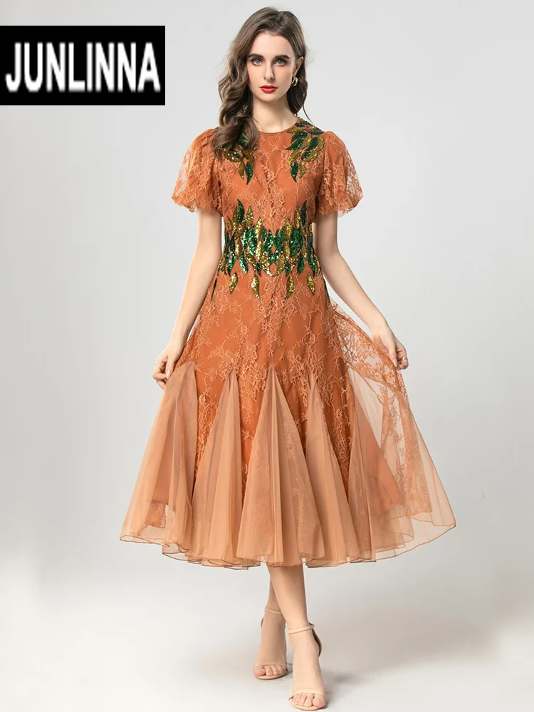 JUNLINNA Spring Summer Patchwork Lace Dress O-Neck Short Sleeve Sequins Embroidery Midi Vestidos Vinatge Lady