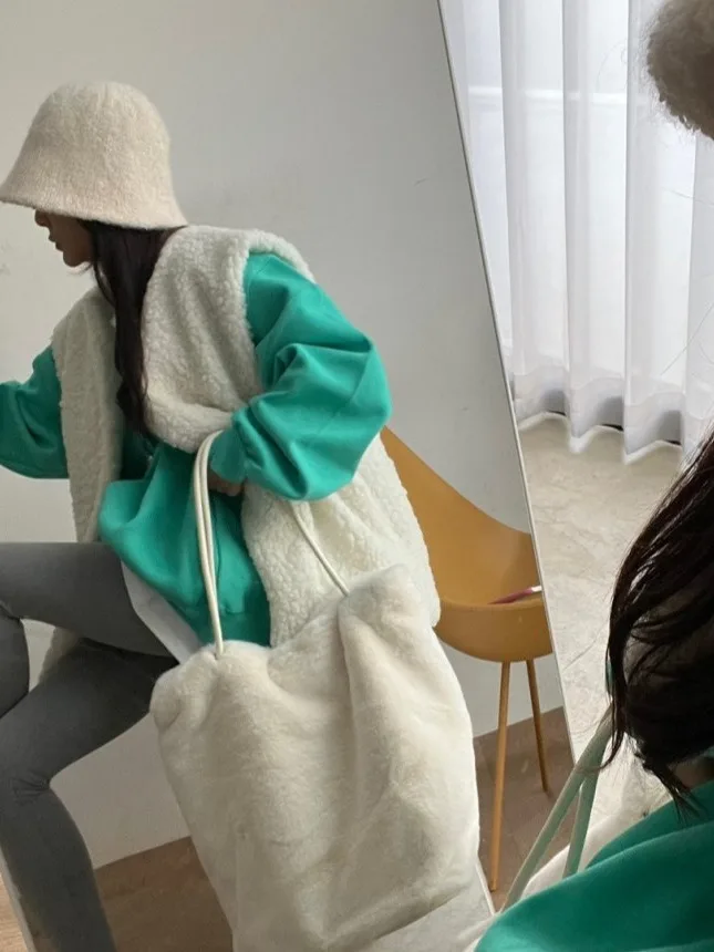 

Trendy Lamb Fur Vest Women's Cotton Jaet Outerwear Simple Retro Silhouette Commute Sle Color Long Regular Length