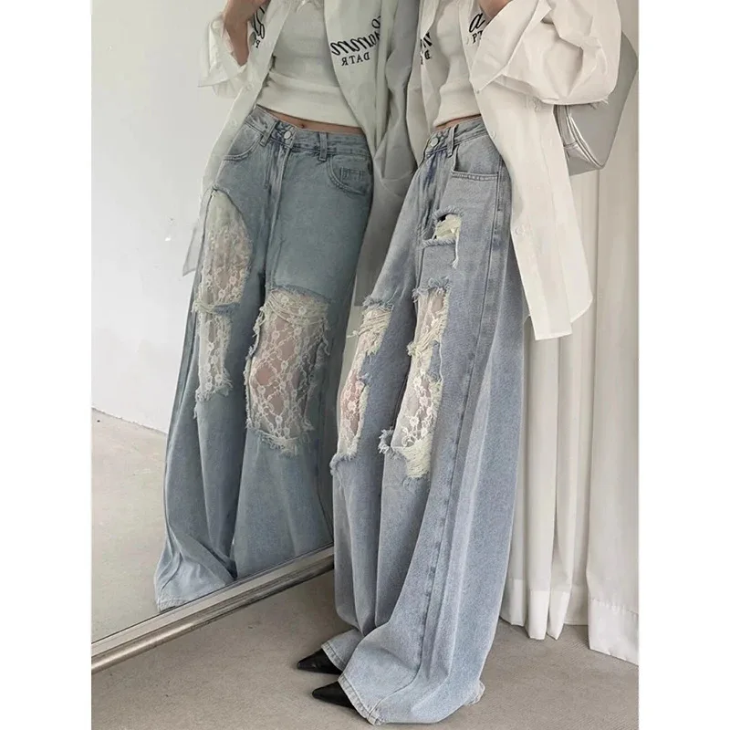 Vintage Y2K 2000s Jeans strappati in pizzo impiombato Donna 2025 Estate a vita alta American Retro Gambe larghe Pantaloni in denim Pantalones