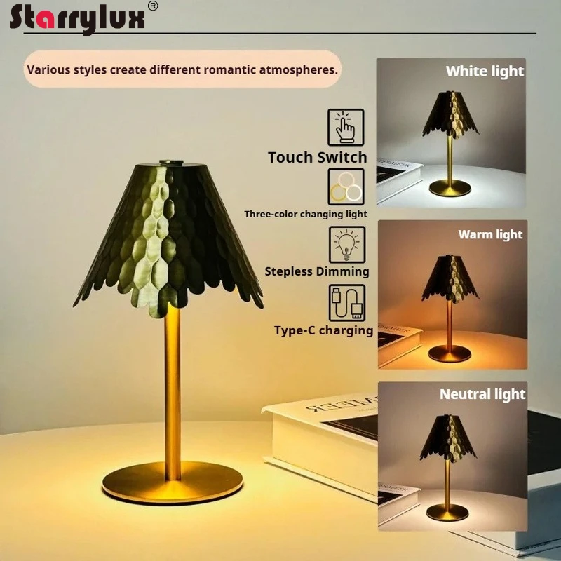 All Metal Skirt Shape Rechargeable Touch Table Lamp Bedside Night Light Honeycomb LED Decor