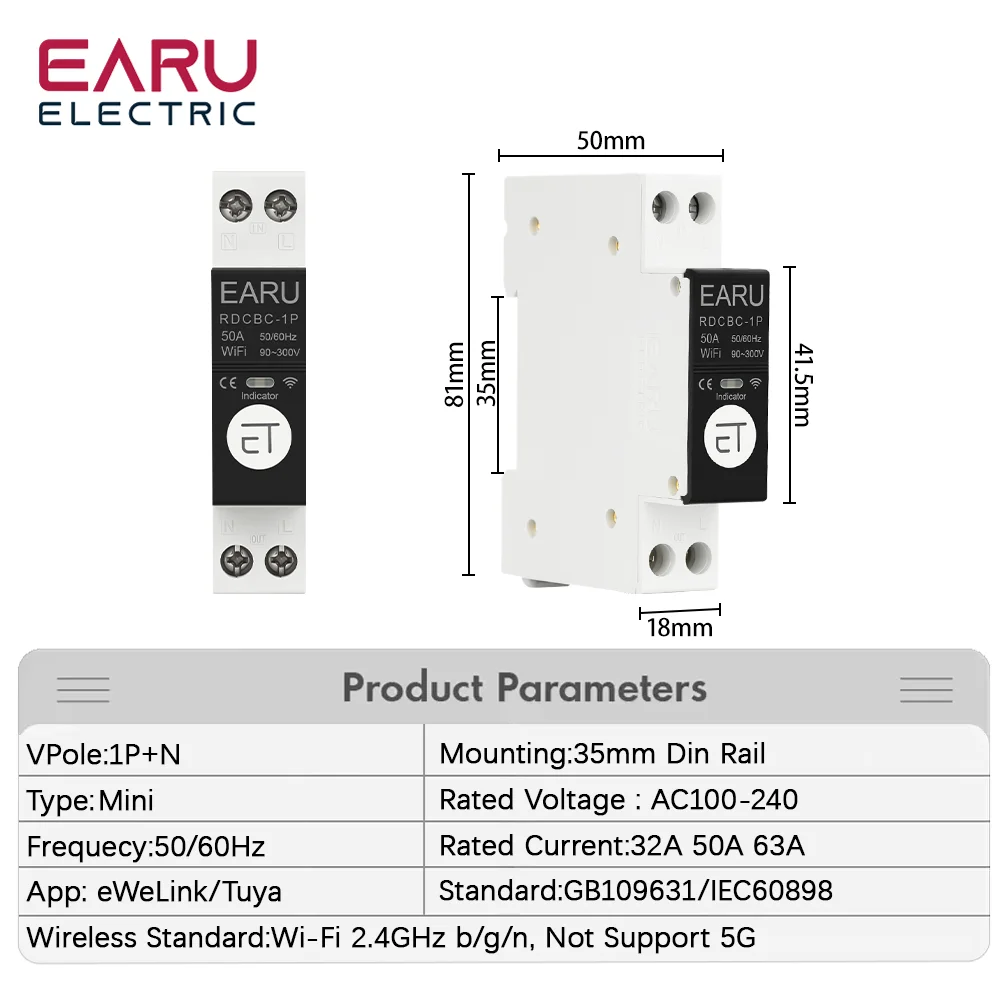1P+N AC100-240V Din Rail WIFI Circuit Breaker Smart Timer Switch Relay Remote Control By EWeLink APP Smart Home For Alexa Google