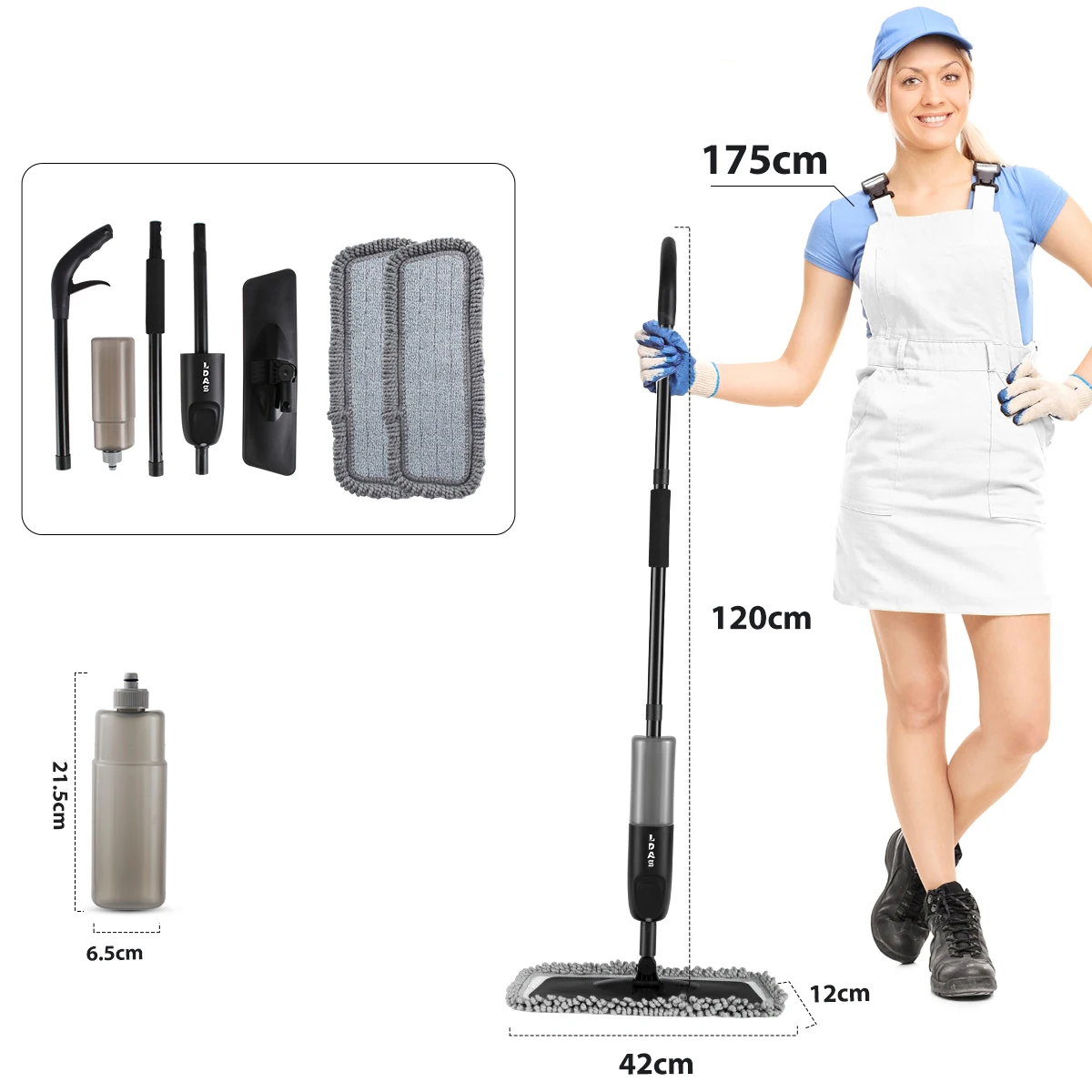 DARIS Set di mocio spray con bottiglia da 500 ml, 2 cuscinetti in microfibra, clip per raschietto, uso bagnato e asciutto per la pulizia dei pavimenti piatti