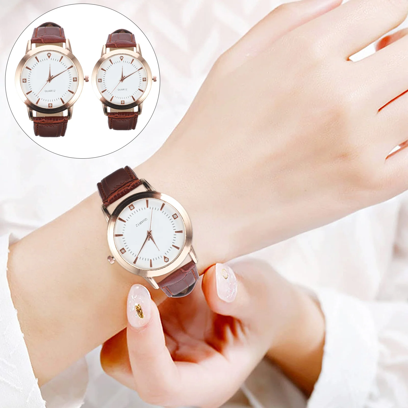

2pcs Couple Watch Pu Strap Fashion Round Quartz Wristwatch For Valentine Gift Coffee Band Comfortable Durable Wear
