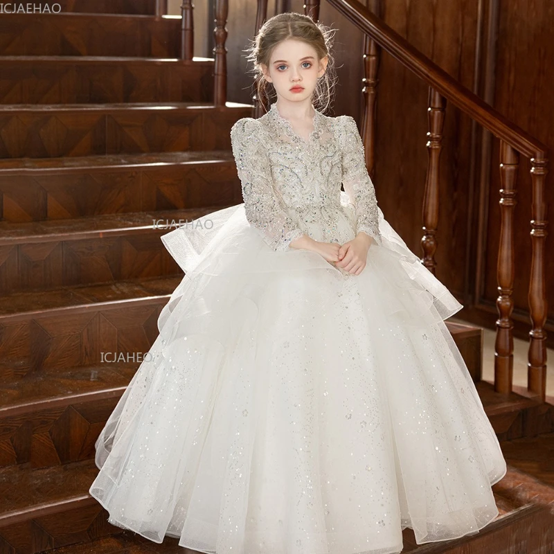 Kids Girls White Princess Dress Flower Girl Wedding Gown for Pageant Formal Wear Children Birthday Party Host Piano Performance