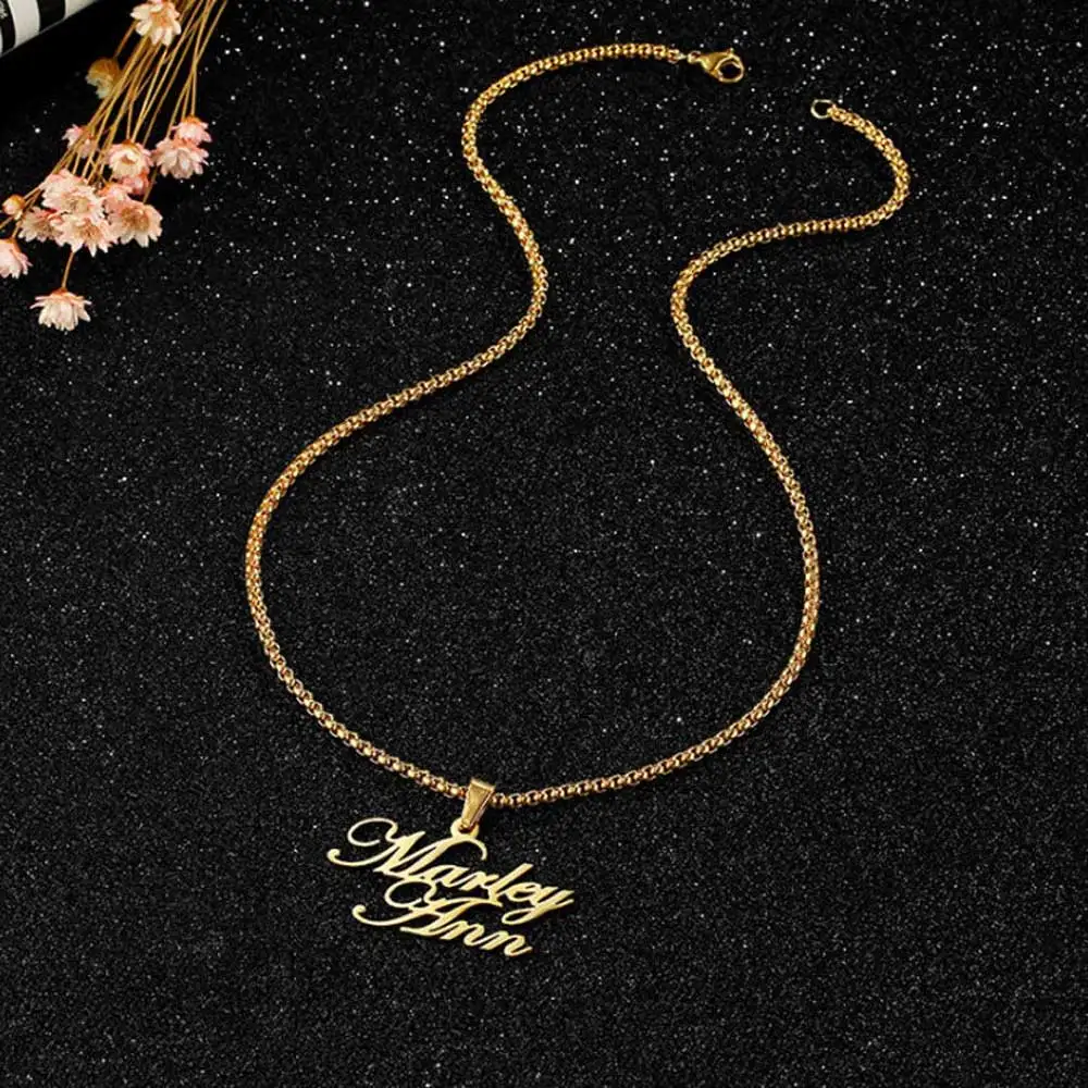 Personalized Custom Couple Double Name Necklace Stainless Steel Jewelry Mens Gold Box Chains Nameplate Pendant Chokers Love Gift