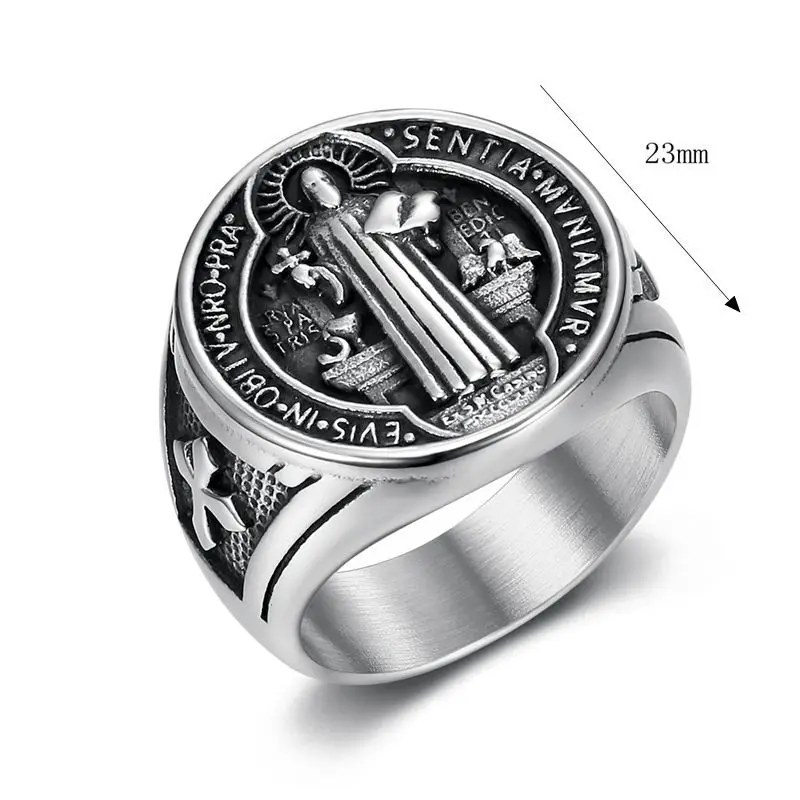 Titanium Steel Catholic Patron Saint St Benedict of Nursia Holy Medal Cross Round Finger Rings for Men Punk Jewelry