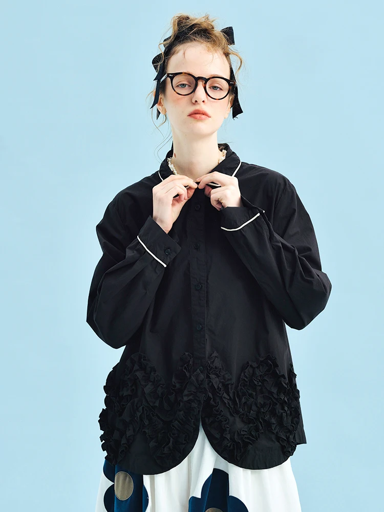 Black shirt imakokoni Japanese casual spring loose three-dimensional lace design sense small lapel top 255044