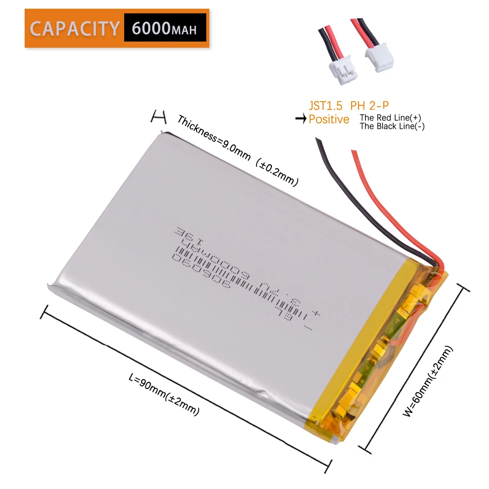 JST-PH 1.5mm 2Pin 3.7 6000mAh 906090 Lithium Li-ion Lipo Polymer Battery 306090 406090 506090 606090 706090 806090 106090 126090
