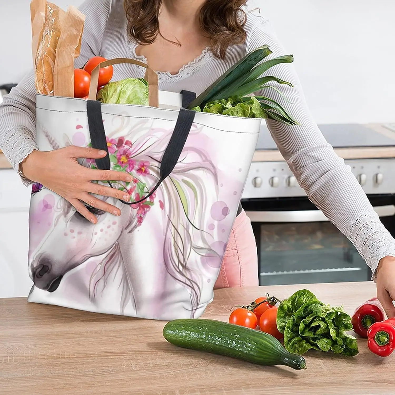 Eenhoorn Bloemen Aquarelrijke Tote Bag Grote Dames Schoudertas Handtas Herbruikbare Winkelen Kruidenier Mode Tas voor Werk Shopper