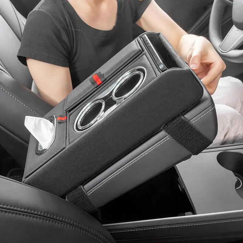 Car Armrest Cushion With 2 Cup Holder Tissue Box phone storage box auto Center Console Arm rest Height Pad cover heighten Pads