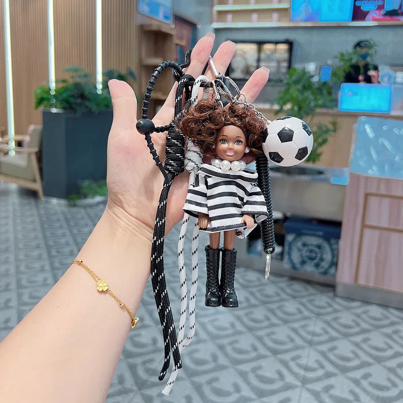 Cartoon Personalized Striped Top Black Skin Girl Princess Doll Pendant Keychain Sports Series Braided Rope Bag Charms Kids Toys