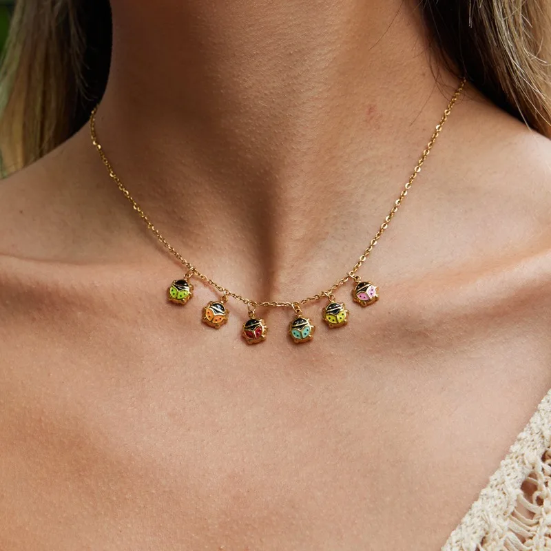 Colorful Oil Dropper Ladybird Pendant Necklace For Women Adjustable Stainless Steel Jewelry Fashion Daily Wear Jewelry Gift
