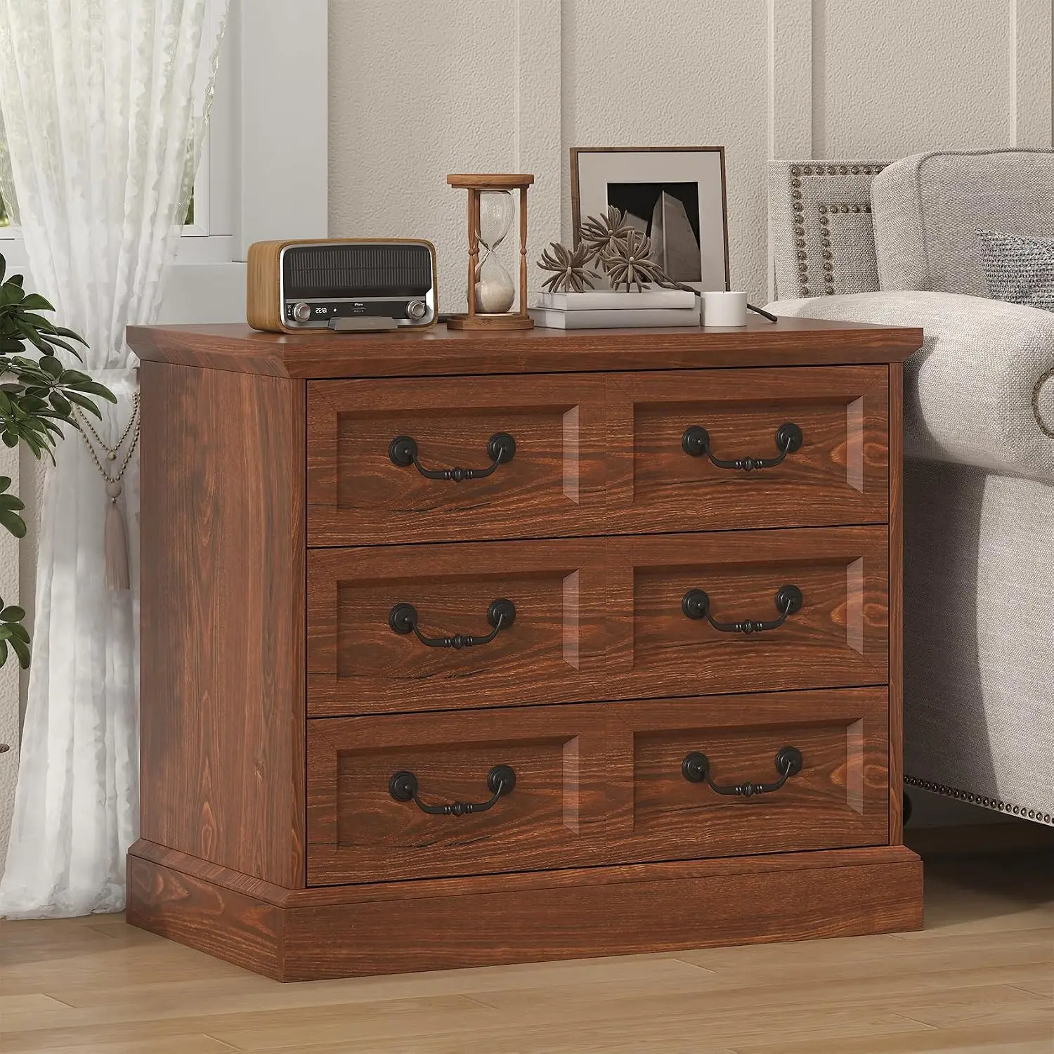 Farmhouse Nightstand with Charging Station 3 Drawers Set of 2, Wide Side Table for Bedroom Living Room, Cherry, Customized
