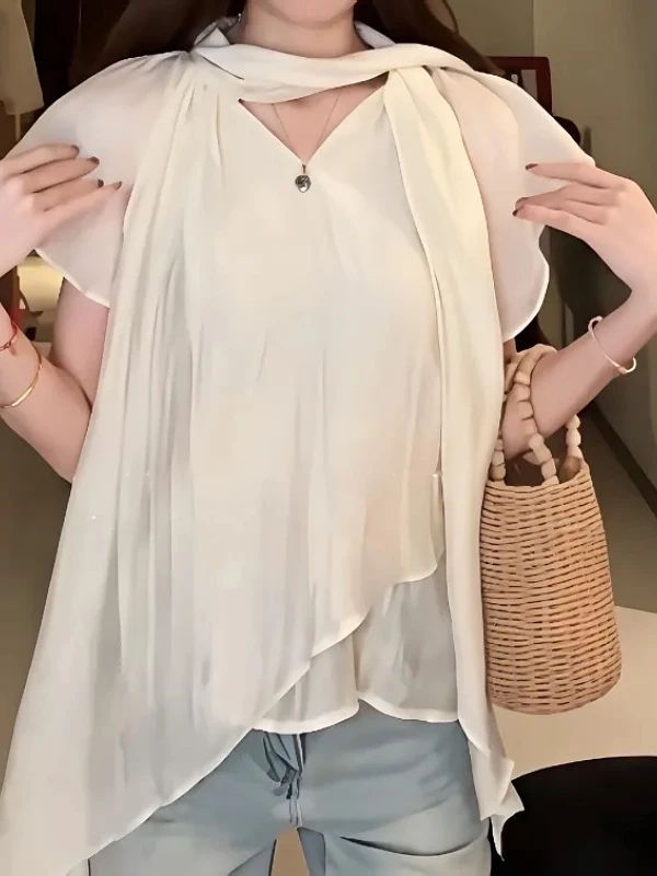 

Элегантная женская шифоновая рубашка оверсайз с поясом, модный асимметричный подол, корейский стиль, стройнящий эффект, короткий рукав, повседневный топ